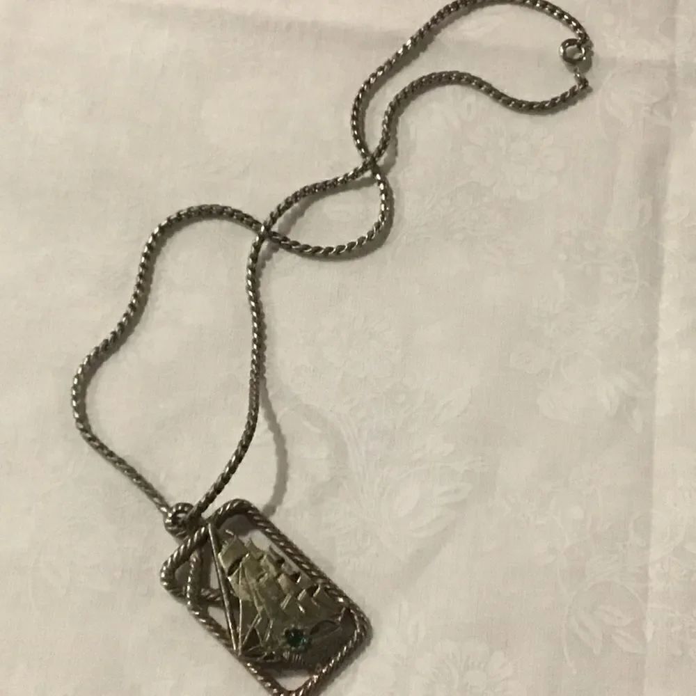 Dark Silvertone Necklace with Ship Pendant